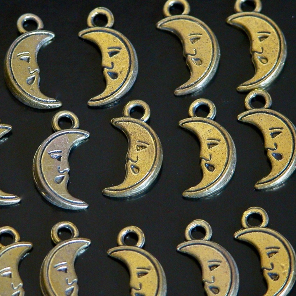Crescent Moon Charm Man in the Moon Antiqued Metal